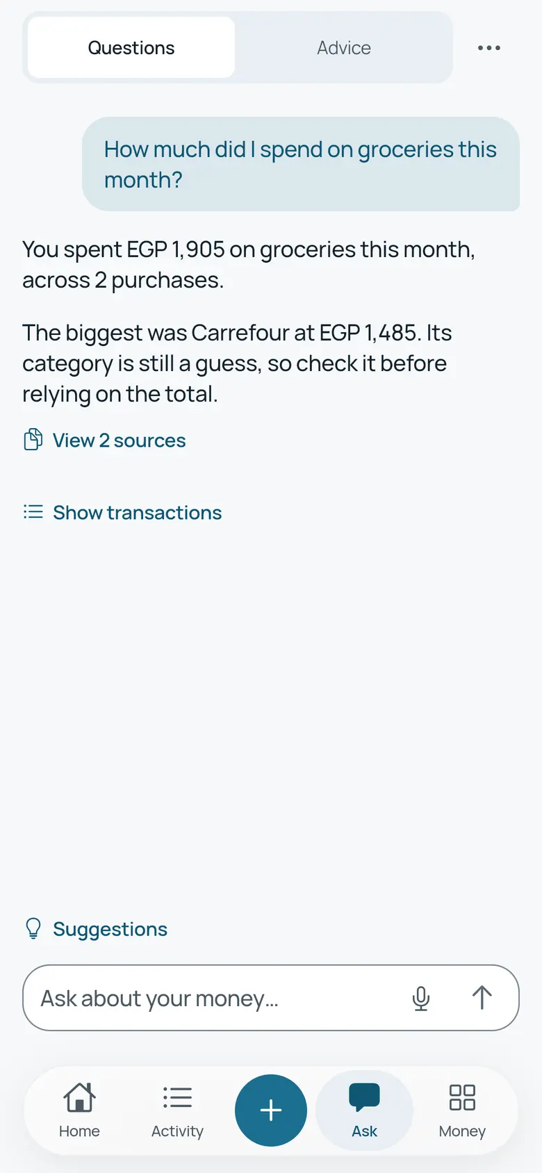 How much did I spend on groceries this month? You spent EGP 1,905 on groceries across 2 purchases. Carrefour’s category is still a guess to check. Based on Carrefour and Breadfast.