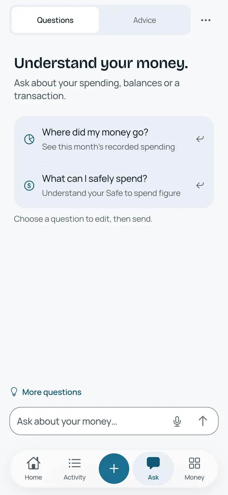 The Ask screen, with suggested questions and a message composer.