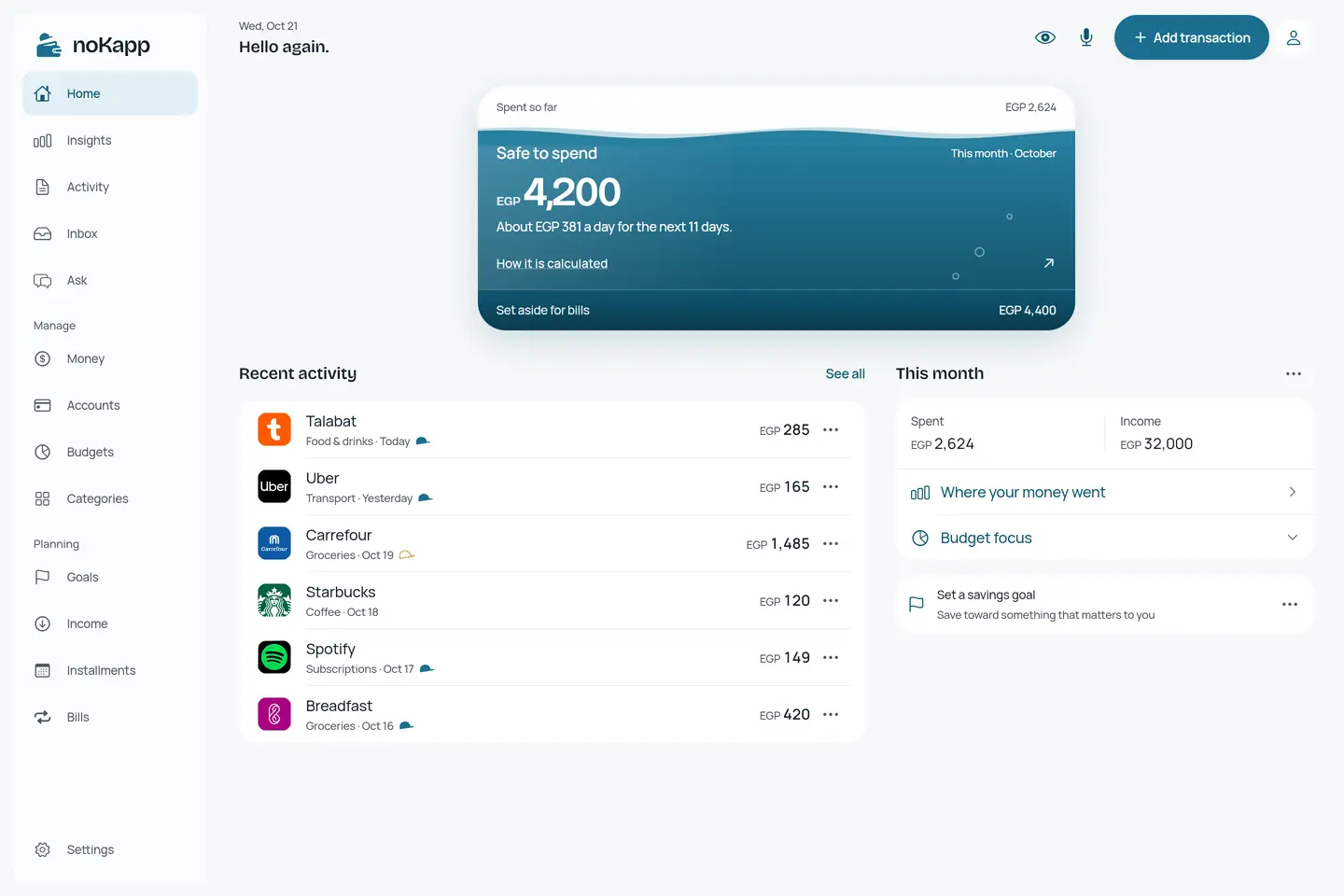 The NoKapp desktop Home screen, same sample month: Safe to spend EGP 4,200, EGP 2,624 spent, recent purchases and navigation to accounts, budgets and bills.