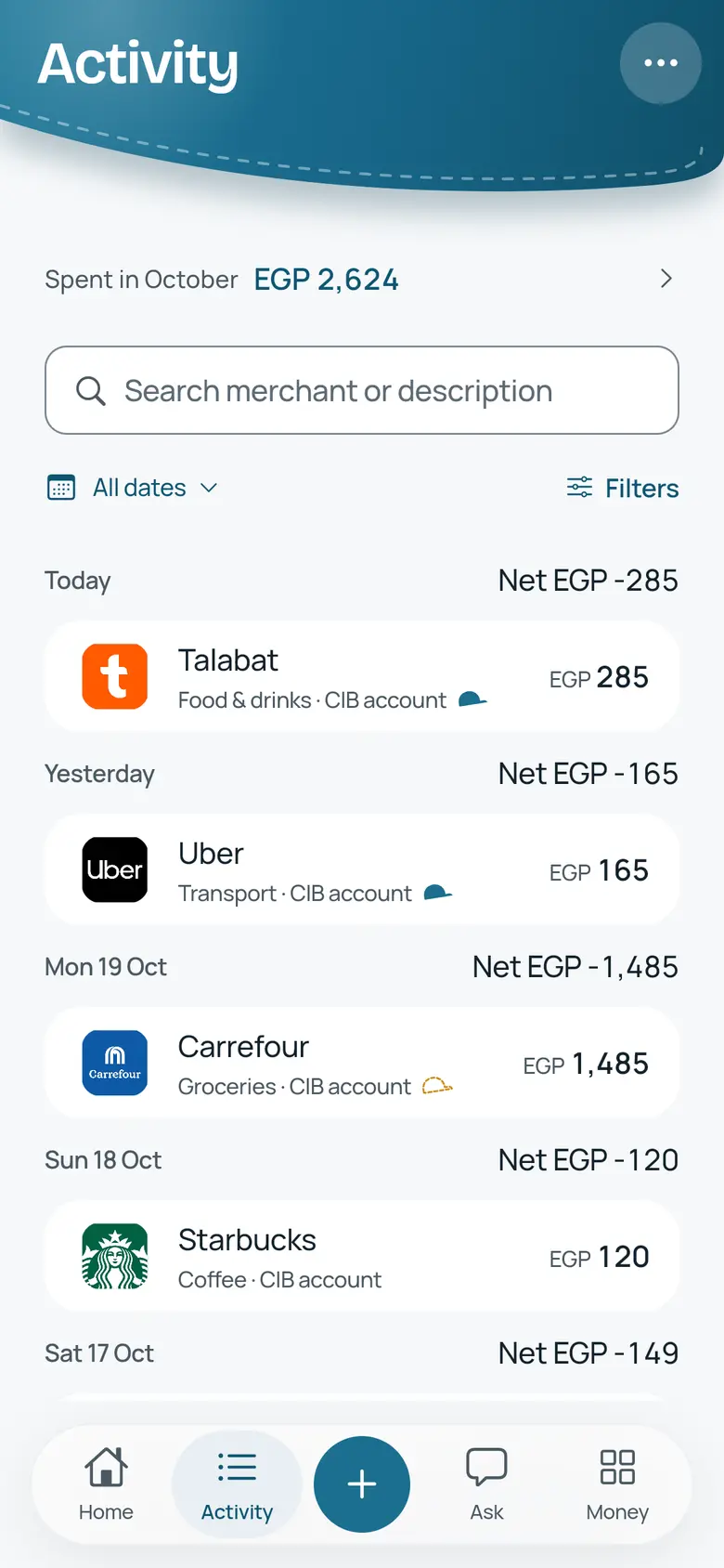 Activity after approval: Talabat, EGP 285, with a solid cap. Spent so far is now EGP 2,624.